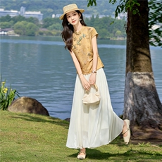 高级感新中式立领短袖女2026夏季新款改良旗袍领收腰套裙，女装套装/套裙，贝蕾酷儿