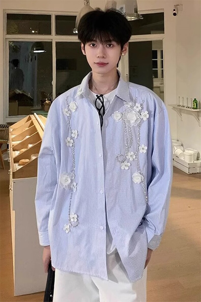 立体订花衬衫长袖条纹衬衣高级感新中式外套CS22546特P59,男装衬衫,星座908-1