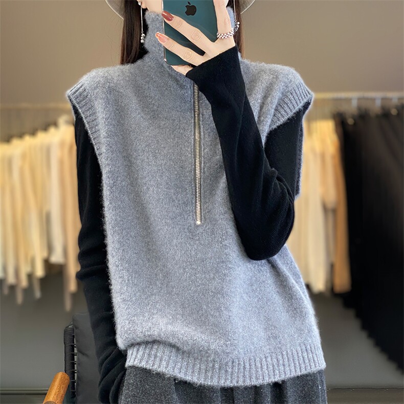 复古纯羊毛马甲无袖针织衫马甲上衣女秋冬半拉链叠穿套头背心外穿，女装马甲，暖烁羊绒