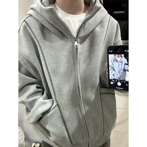 抖音得物高品质秋冬美式高街重磅结构辑明线纹理连帽卫衣外套W111