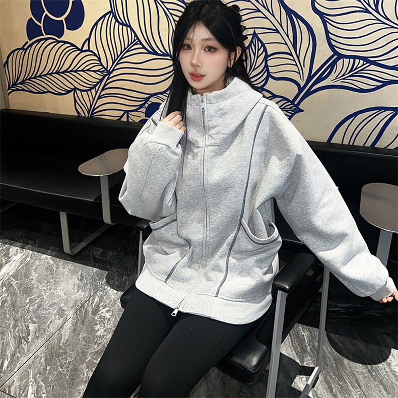 抖音得物高品质秋冬美式高街重磅结构辑明线纹理连帽卫衣外套W111,男装卫衣,电商A486