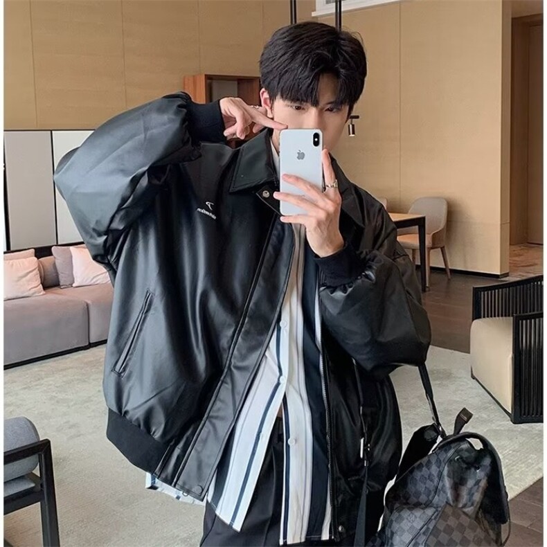 皮衣外套男款秋季美式高级感痞帅潮牌翻领宽松pu皮拼接机车服夹克,男装夹克,星座506A