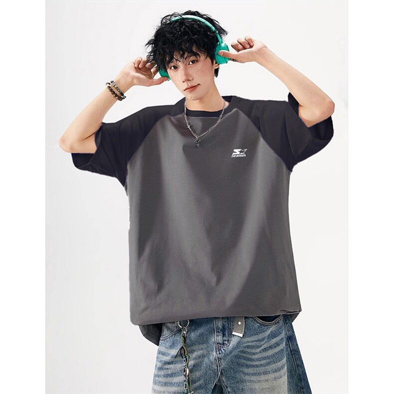 抖音得物高品质二开240克宽松纯棉美式潮牌插肩袖拼接短袖T恤，男装T恤，电商A486-1