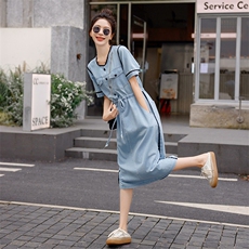 时尚显瘦夏季牛仔连衣裙中长款女修身百搭气质淑女风，女装连衣裙，秋水欣儿