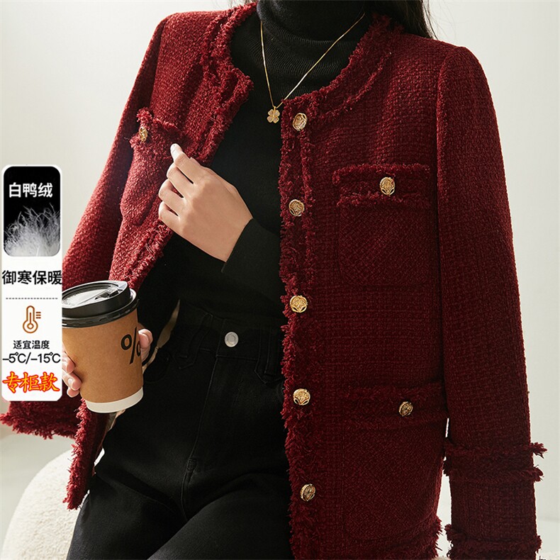 小香风外套女2025冬季新款白鸭绒洋气显瘦手工拉须毛边羽绒服外套，女装羽绒服，纪茹