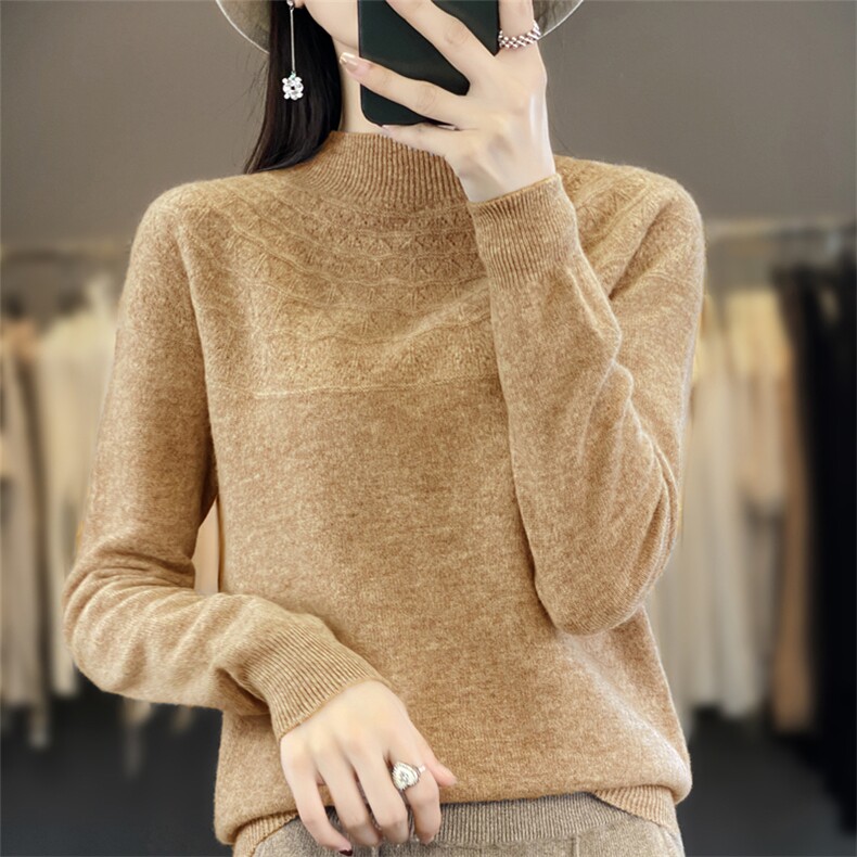 一线成衣无缝针织半高领毛衣女秋冬新款提花设计感小众打底毛衫新,针织衫/毛衣,斯美雅安迪绒