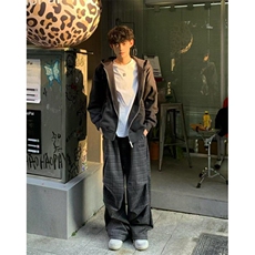 阔腿慵懒风格子裤男女宽松直筒松弛感深灰暗纹褶皱休闲裤K9G6，男装休闲裤，星座1116A（原606A-3）
