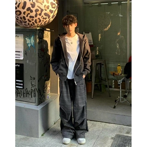 阔腿慵懒风格子裤男女宽松直筒松弛感深灰暗纹褶皱休闲裤 K9G6图片