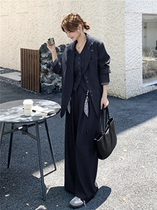 藏青色气质西装马甲阔腿裤套装女春秋高级感巨好看大方得体三件套图片