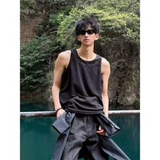背心男2025夏季新款美式复古设计感小众宽松坑条无袖t恤坎肩汗衫，男装背心/马甲，四季星座505