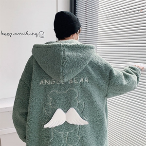 冬季新款宽松小飞熊刺绣羊羔毛棉服连帽棉袄棉衣 A071-1009-P120图片