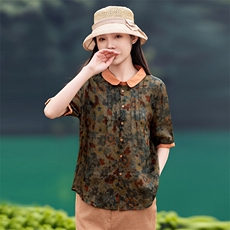 2026年春季女短袖宽松文艺风苎麻，女装衬衫，江南依恋