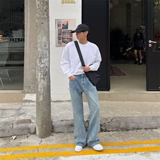 美式高街潮牌复古牛仔裤垂感阔腿裤百搭水洗微喇裤潮LT16833-p43，男装牛仔裤，星座1008