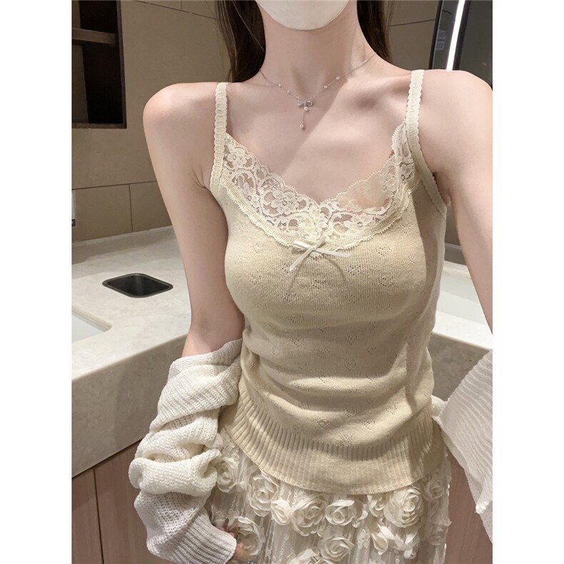 早秋韩版纯欲蕾丝边爱心提花6羊毛针织吊带内搭背心上衣,女装背心吊带,梦白服饰厂