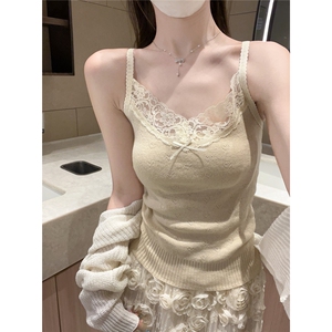 早秋韩版纯欲蕾丝边爱心提花6羊毛针织吊带内搭背心上衣图片