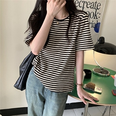 ZT6012-P38显白红条纹华夫格T恤圆领弹力针织棉短袖上衣tee女，女装T恤，电商B245