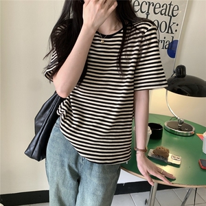 ZT6012-P38显白红条纹华夫格T恤圆领弹力针织棉短袖上衣tee女图片