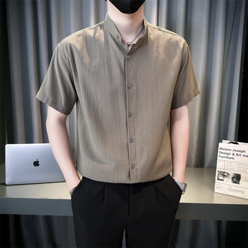 夏季男士七分袖条纹衬衫立领男休闲修身休闲衬衣A236-C663-P55,男装衬衫,电商A236