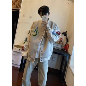 男女新款宽松复古拼接刺绣字母AC棒球服百搭开衫夹克外套 JW502图片