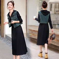 牛仔连衣裙女2025春秋新款高级感法式气质卫衣裙休闲显瘦马甲套装，女装套装/套裙，意芙