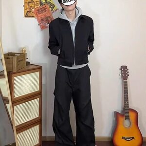 春秋款美式翻领夹克短款垫肩外套休闲宽松痞帅高级感情侣款图片