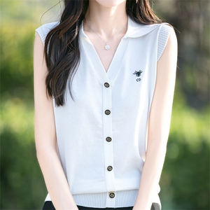 夏季翻领条纹冰丝刺绣针织背心女无袖上衣打底衫外穿宽松显瘦套头图片