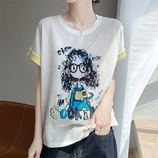 夏季新款竹节麻卷发眼镜女孩短袖女修身显瘦百搭时尚休闲上衣潮，女装T恤，暖娇绒包芯纱店