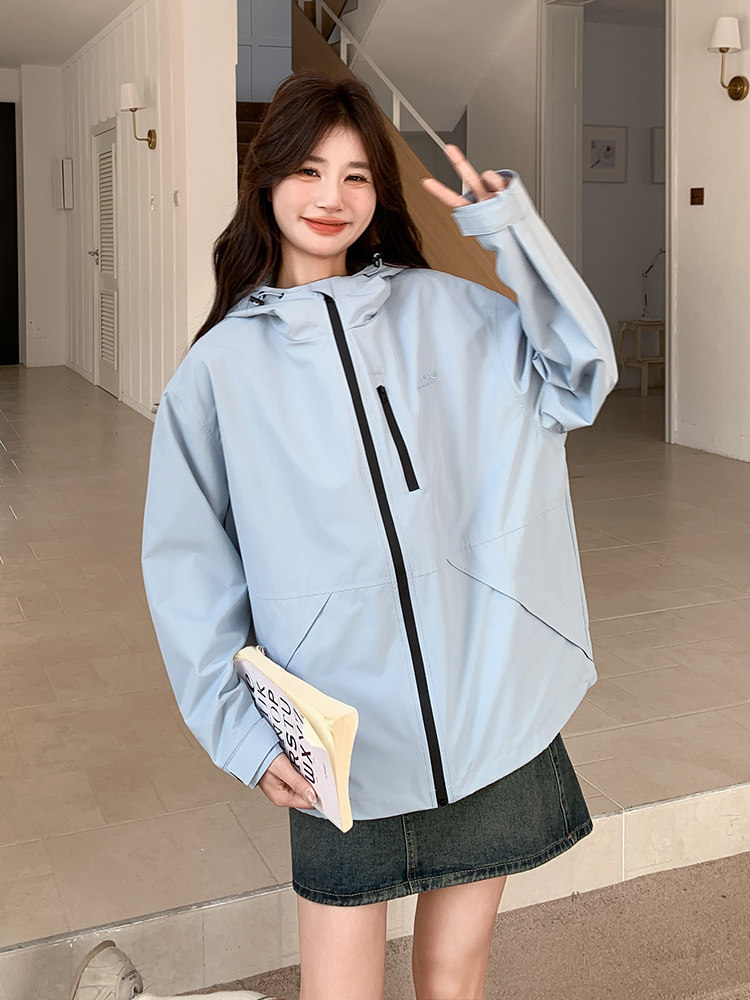 蓝色韩系时尚洋气冲锋衣女短款2025初春新款休闲宽松连帽通勤外套,女装短外套,浙宝192（原082）