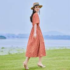 复古宽松休闲棉麻风印花连衣裙女2025夏季新款短袖遮肚显瘦长裙子，女装连衣裙，铭街依杨