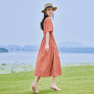 复古宽松休闲棉麻风印花连衣裙女2025夏季新款短袖遮肚显瘦长裙子图片