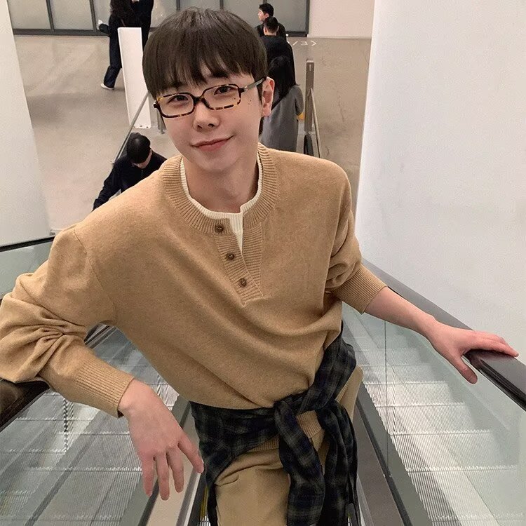 美式复古男士亨利衫长袖慵懒针织上衣t恤男款内搭重磅亨利领上衣,男装T恤,星座506A