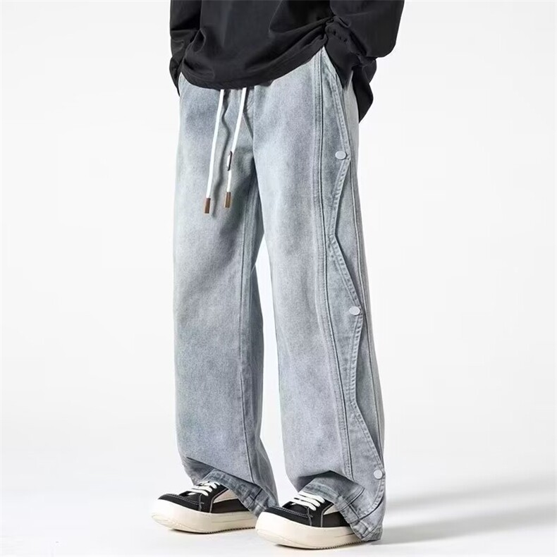 美式复古宽松拼接直筒裤小众潮牌男设计感春秋冬季阔腿痞帅牛仔裤,男装牛仔裤,星座1210-1