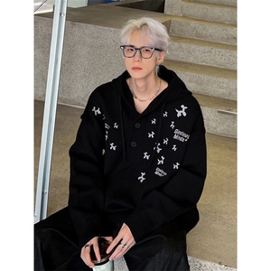 美式复古刺绣绣花连帽针织衫男女秋冬季宽松休闲套头毛衣2209-P68图片