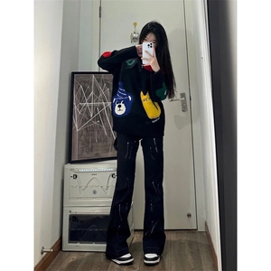 美式复古泼墨漆点牛仔裤图片