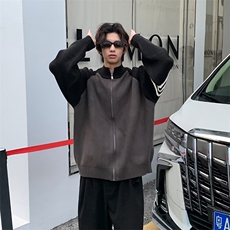 重磅秋冬北极绒开衫毛衣美式复古休闲慵懒风撞色立领针织衫外套，男装针织衫/毛衣，电商A486-1