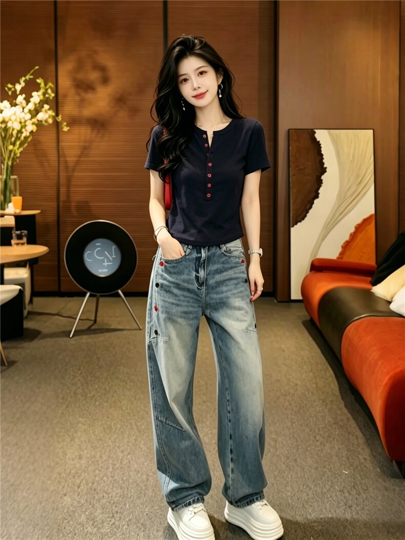 韩系高级感时尚减龄穿搭女夏新款纯色纽扣半开领上衣牛仔裤两件套,女装套装/套裙,江南