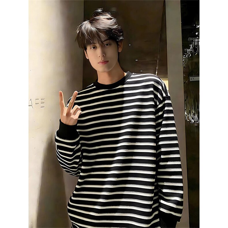 潮流复古条纹圆领长袖T恤男女潮牌情侣宽松百搭上衣 513CT3500P35图片