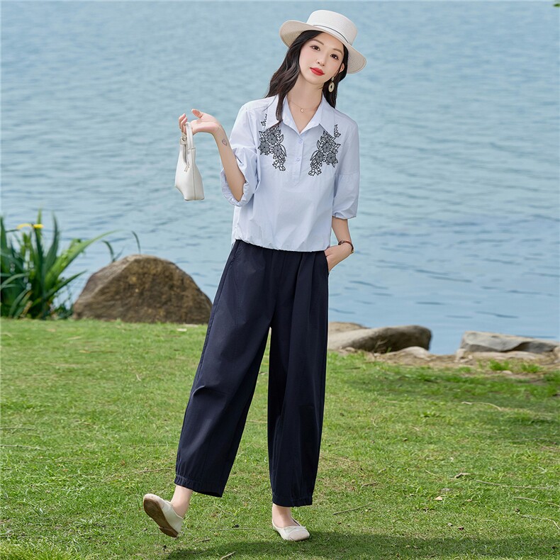 2026年夏季刺绣小衫两件套衬衫裤子套装女,女装套装/套裙,依路服饰
