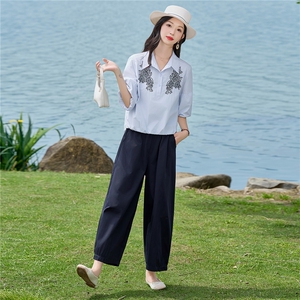 2026年夏季刺绣小衫两件套衬衫裤子套装女图片