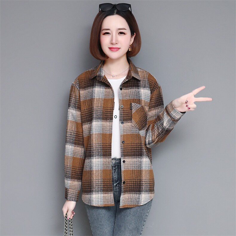 纯棉格子衬衣女款2025新款爆款春秋中老年女士衬衫长袖上衣,女装衬衫,姿萝菲