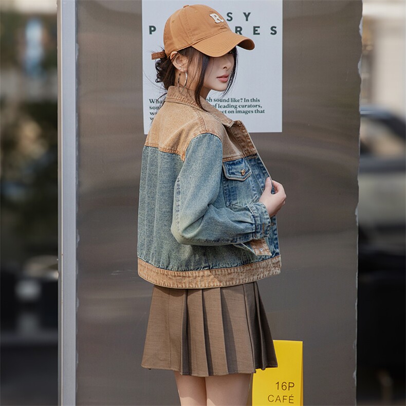 美式复古翻领休闲拼接牛仔外套又酷又飒独特超好看夹克上衣女，女装牛仔外套，美拉德工厂直营店