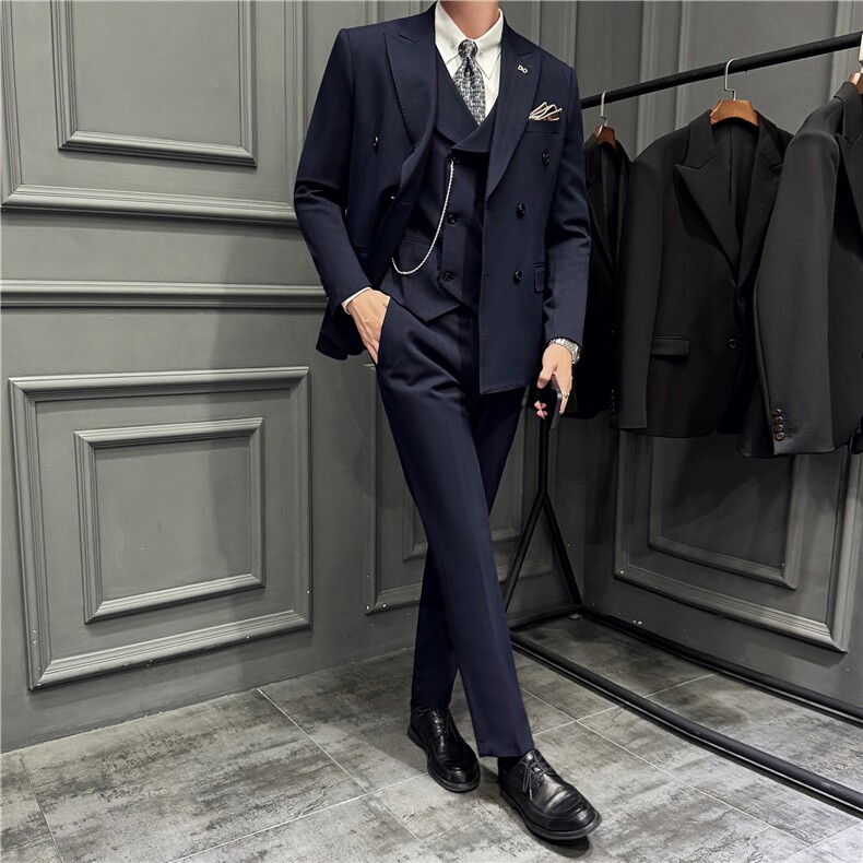 高品质~暗条纹色织高档双排扣西装三件套西服藏青色SJT8068-P295,男装西服套装,电商A213