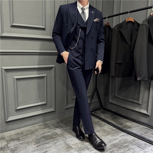 高品质~暗条纹色织高档双排扣西装三件套西服藏青色SJT8068-P295图片