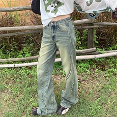 复古做旧拼接微喇裤男女宽松百搭情侣装直筒阔腿牛仔裤YD2121-P65，男装牛仔裤，星座509