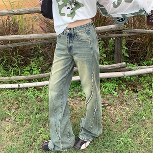 复古做旧拼接微喇裤男女宽松百搭情侣装直筒阔腿牛仔裤YD2121-P65图片