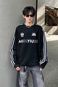 秋季港风宽松条纹三条杠圆领卫衣潮休闲外套XZ808B-WH093-P45图片