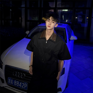 2025夏季小众设计干金属拉链翻领拼皮潮男短袖上衣D07/P90控130图片