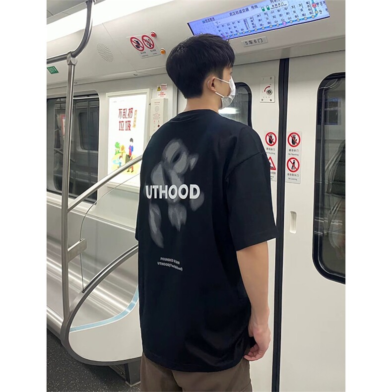 抖音得物 210克现货宽松纯棉美式潮牌印花落肩袖纯棉T恤AT21125图片