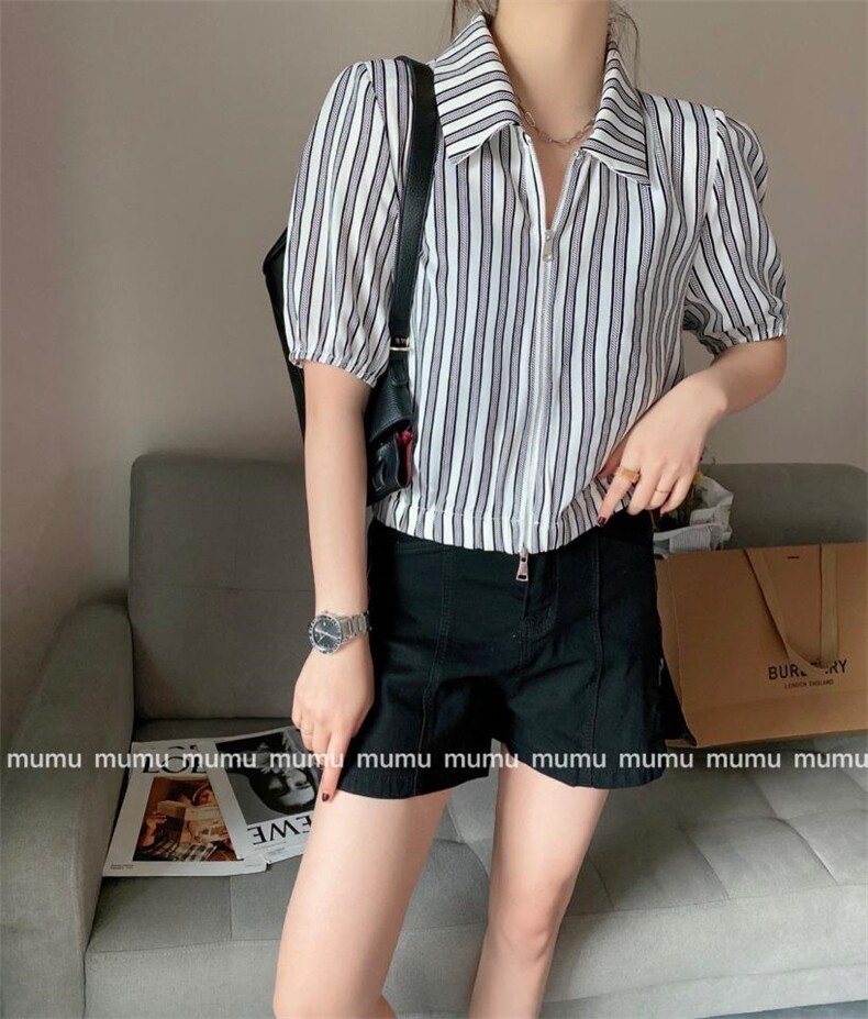 条纹轻薄上衣，女装，沐·沐