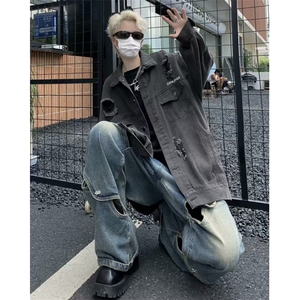 炸街破洞牛仔夹克男春秋季美式复古宽松上衣潮牌做旧痞帅工装外套图片